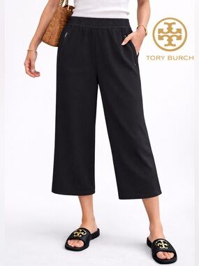 Tory Burch Black Crepe Wide Leg Capri Pants Zip Pocket Cropped Size 12